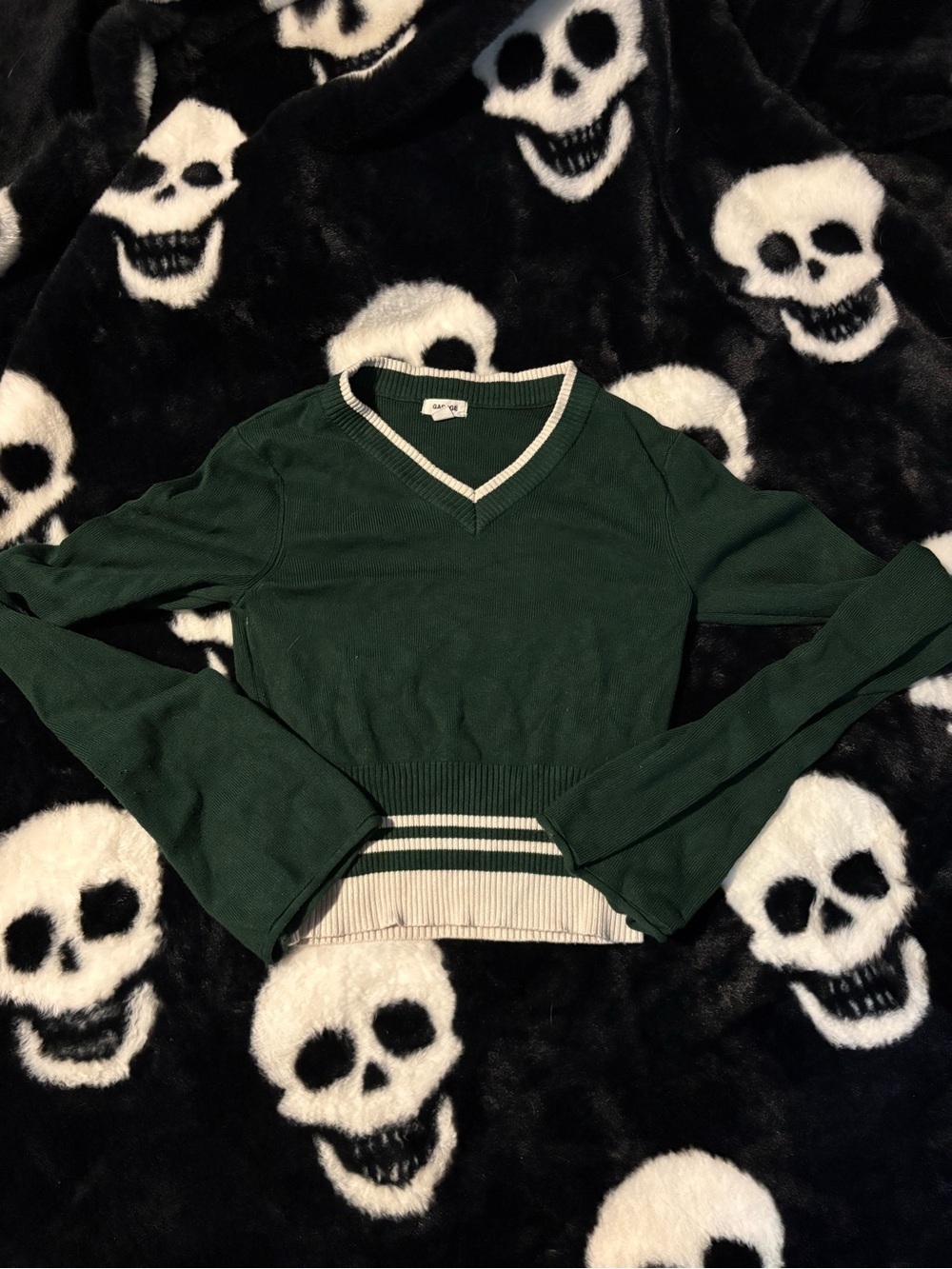 Garage Dark Green V-Neck Sweater with Cream Trim